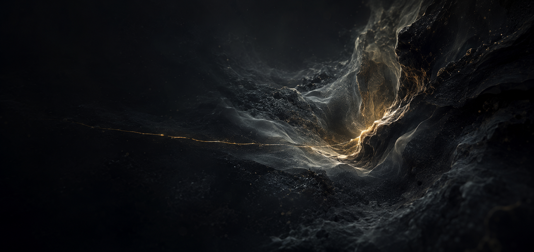Composição abstrata de GÊNESIS, com matéria escura, membranas translúcidas e um fio dourado convergindo para o primeiro ponto de luz.